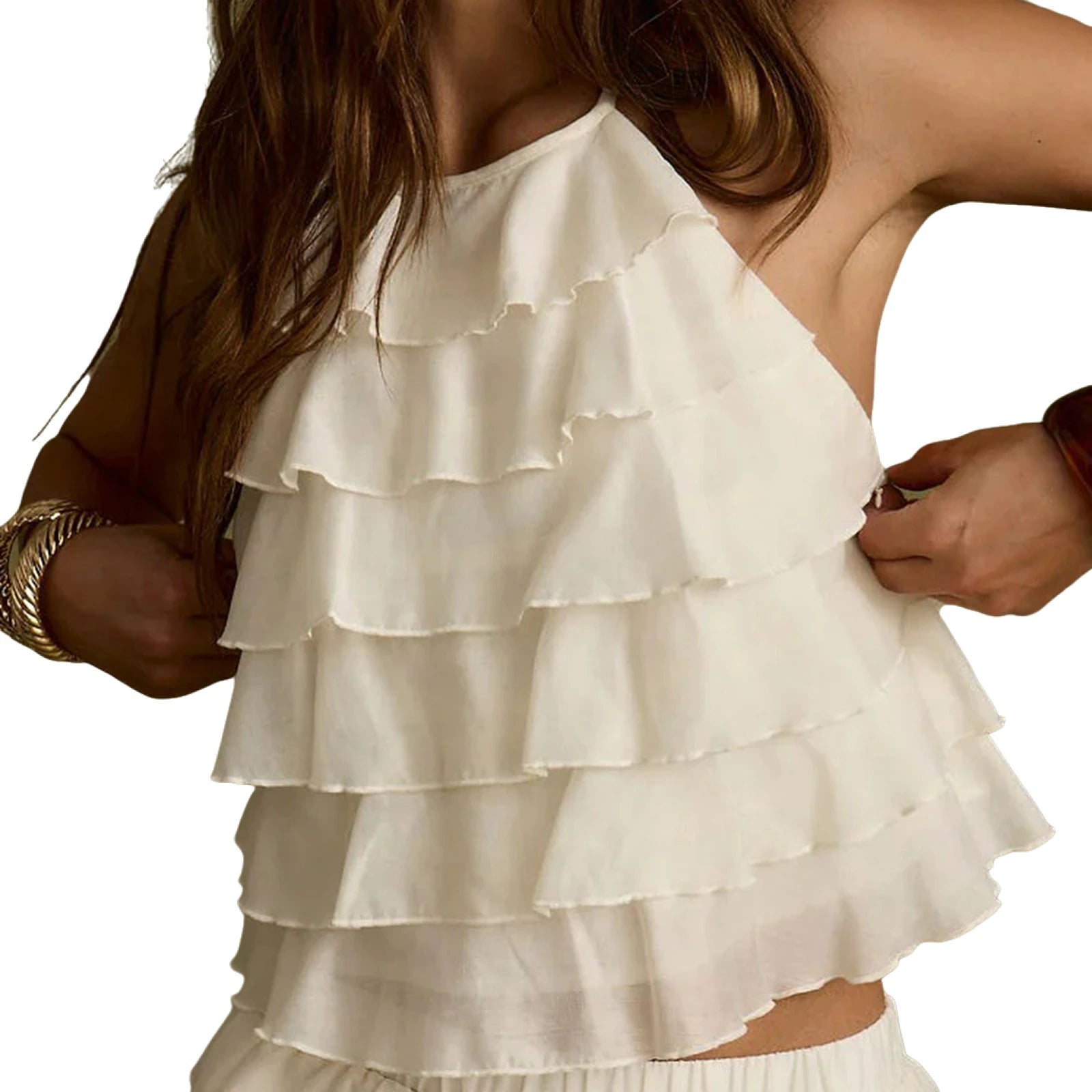 Classic Women Quality Crop Basic Tierred Halterneck Patchwork Summer Short Sleeveless Tops Casual Streetwear Aesthetic Clothes