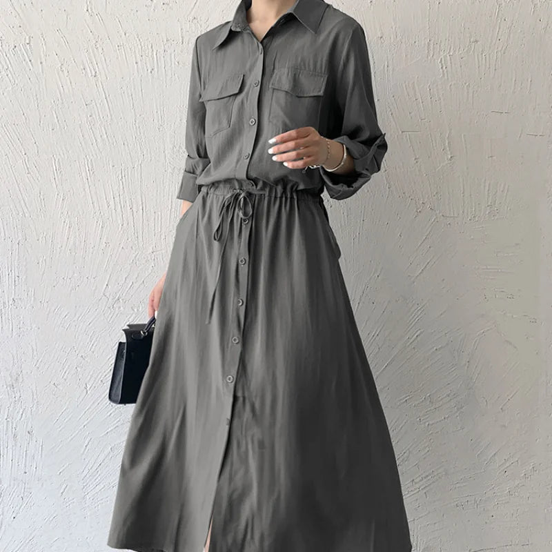 Matakawa Shirt Dresses for Women Solid Long Sleeve Japan Style Elegant Vestidos A-line Simple Fashion Casual  Dress Vintage
