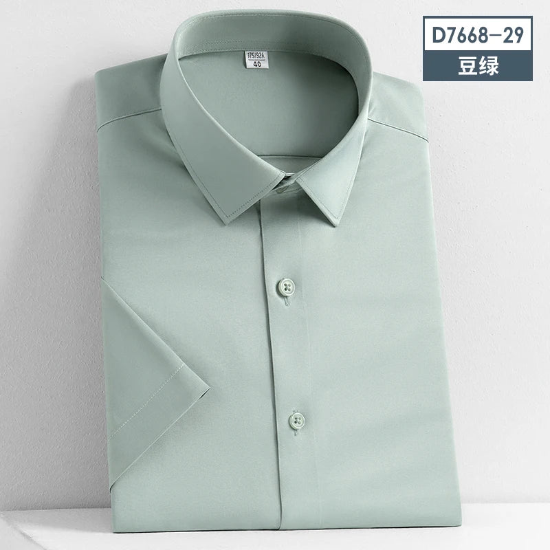 2023 Summer Short Sleeve High Density Silky Material Solid  Elastic Business Men Dress Shirts No Pocket Stretch Clothes