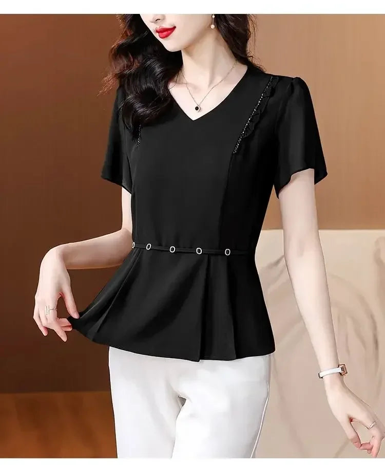 New Summer Solid Color Short-sleeved T-shirt Women with Large Size Fat Mm Slim V-neck Top Fashionable Temperament Small Shirt