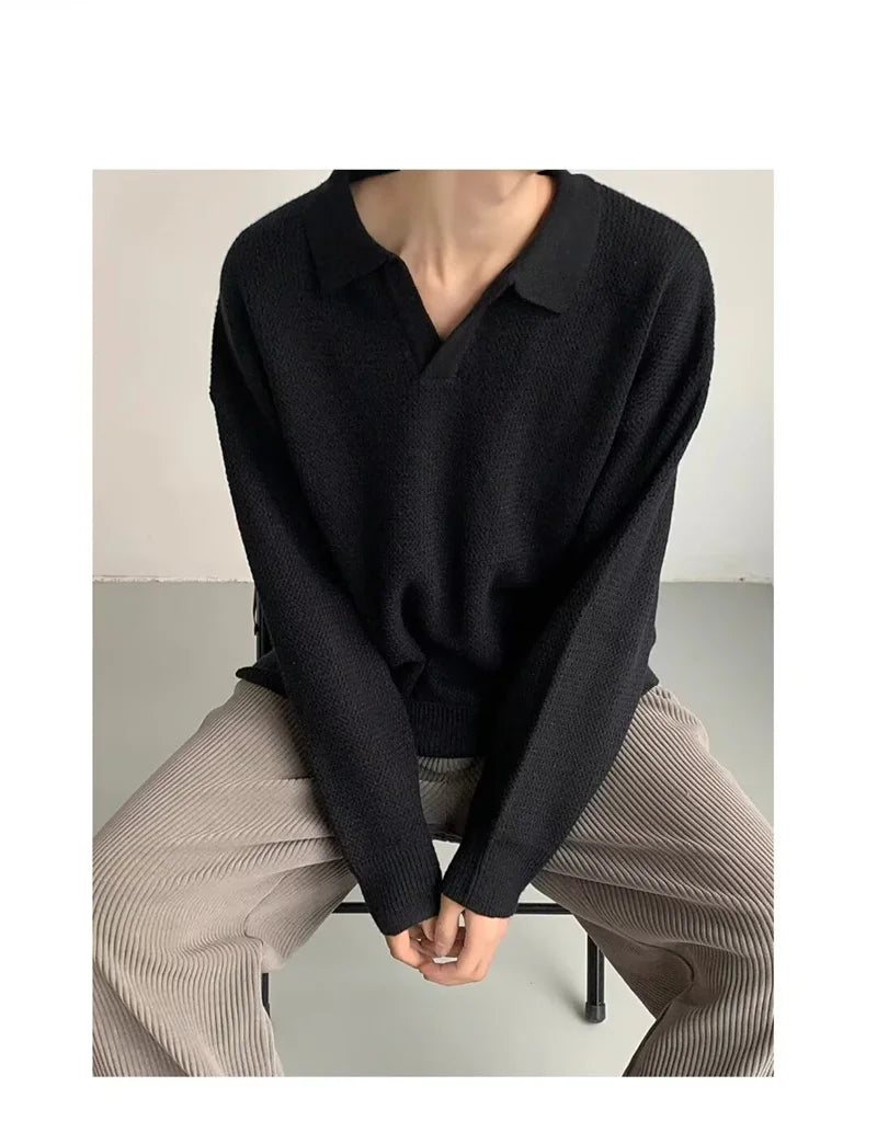 Korean Fashion V-neck Pullover Sweater Men's Casual Long Sleeve Knitted Polo Shirts Y2K Vintage Lapel Knitwear jersey hombre