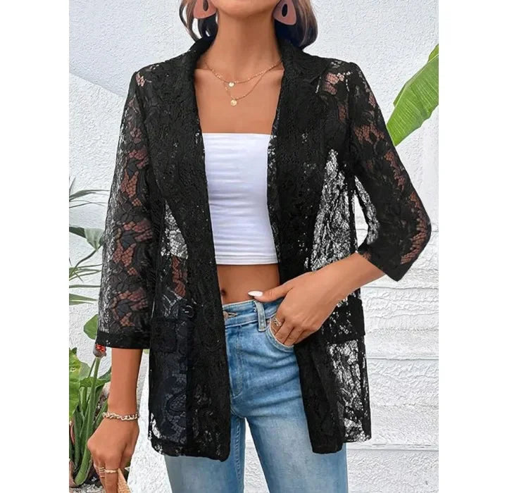 Women's Blazer Autumn 2024 New Lace Patch Single Breasted Flap Detail Y2k Coat Work Office Female Fashion Elegant Daily Jacket