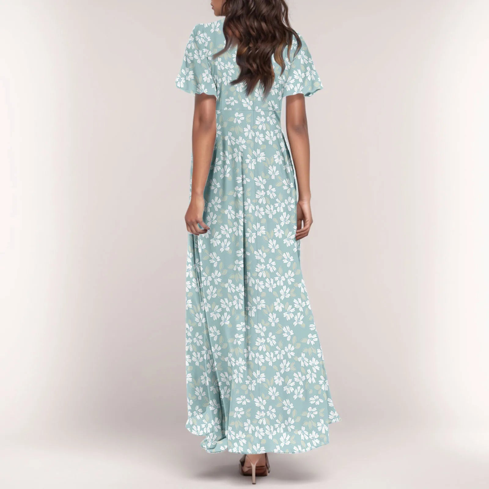Women V-neck Ruffle Short Sleeve Maxi Dress Waist Tight High-waist Hem Sweet Floral Print Elegant Dress Female Clothing Vestidos