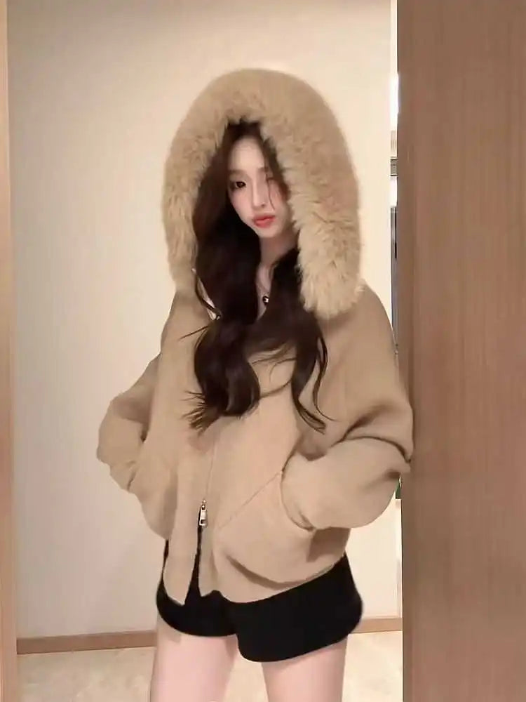 Cardigan Womens Y2k Spring Autumn Loose Hooded Knitted Coat Pure Color Casual Coats Offce Lady Streetwear Winter Clothing