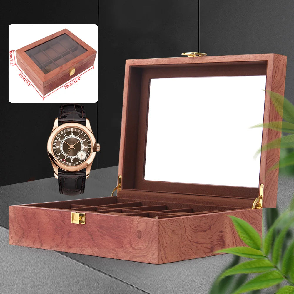 10 Slot Wooden Watch Display Box with Glass Top Lid, Exquisite Jewelry Storage Case