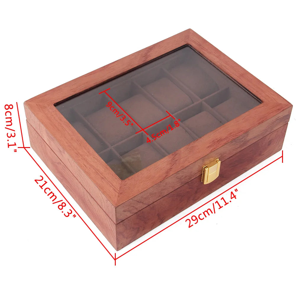 10 Slot Wooden Watch Display Box with Glass Top Lid, Exquisite Jewelry Storage Case