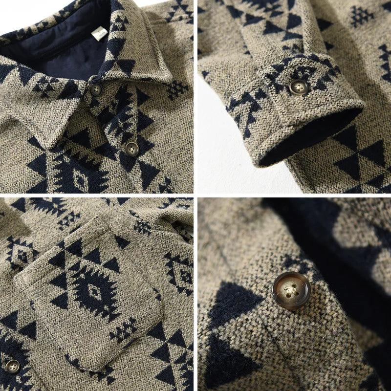 2024 Autumn Winter New Vintage Loose Printed Wool Shirts for Men Clothing Cargo Big Pockets Men Shirts AZT738