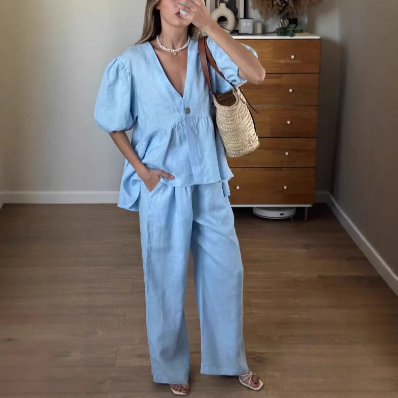 Summer Casual Cotton 2 Piece Set Women Outfit Deep V Neck Short Puff Sleeve Pullover Top Long Trousers Loose Lady Two Piece Suit