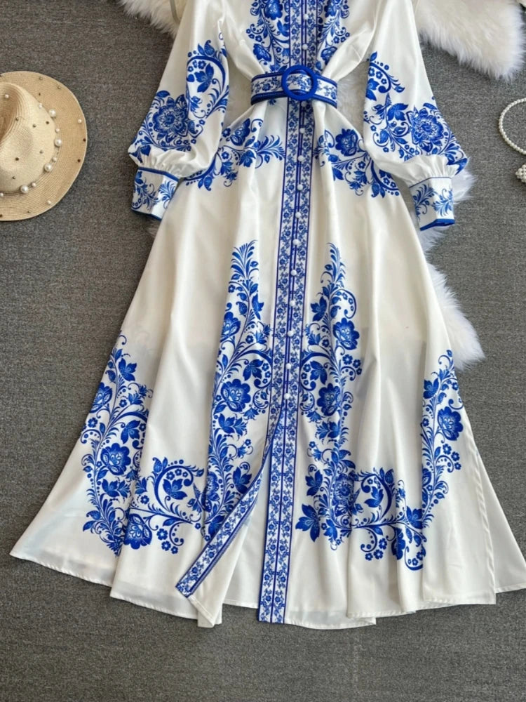 Spring Maxi Belt Dresses for Women Chic Vintage Printing Robe Femme Stand Neck Tunic Lantern Sleeve Dress 2024 Vestidos De Mujer