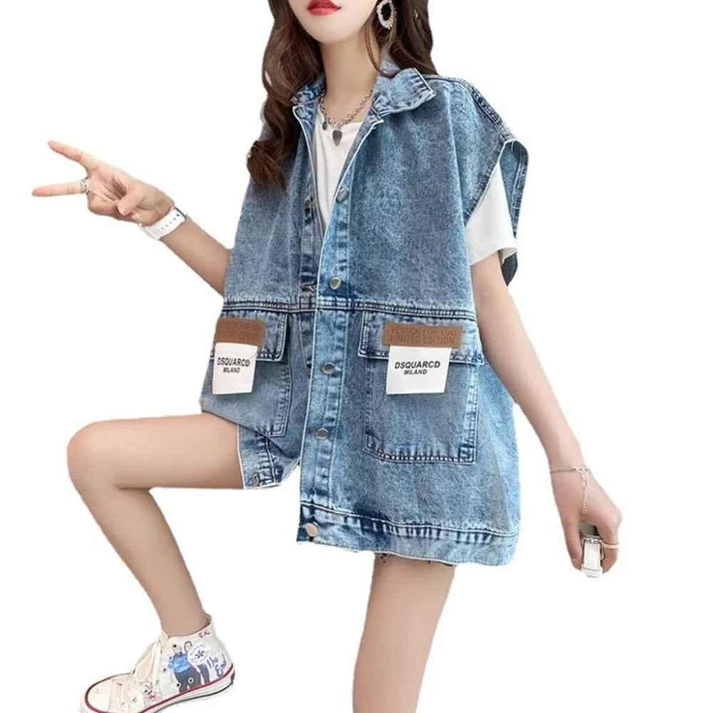 New Women's Denim Vest 2025 Fashion Female Spring Autumn Jeans Jacket Sleeveless Loose Short Coat Summer Streetwear Denim Vest