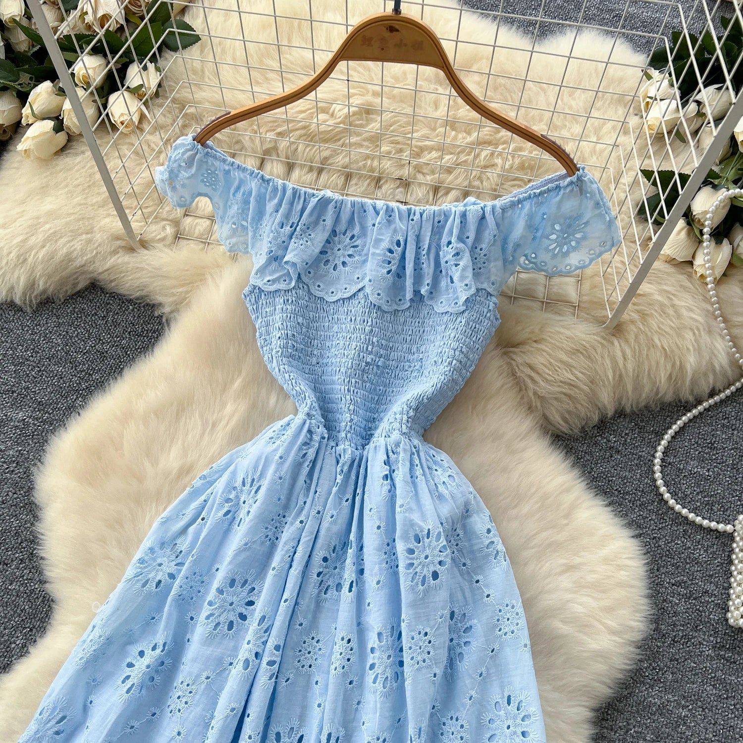 SINGREINY Chic Embroidery Hollow Out Dress Ruffles Splice Off Shoulder Elastic Ruched Slim 2025 Solid Gentle Vacation Long Dress