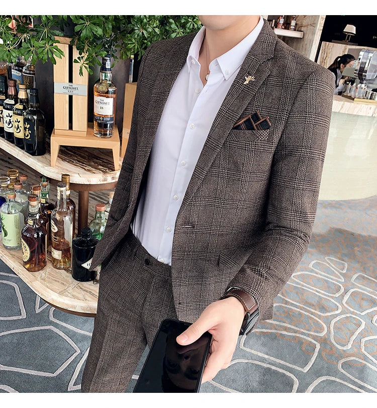 Men Luxury Slim Fit Check Suits Men Boutique Business Casual Formal Suits Sets Blazers+Pants Wedding Social Tuxedo Dress Homme