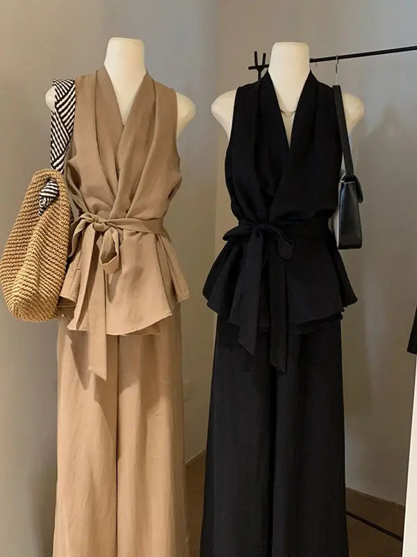 Irregular V-neck Cross Halter Vest Wide-leg Trousers for Women Summer New Suit