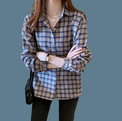 Vintage All-match Plaid Shirt for Female 2022 Spring Women's Clothing Korean Simple Turn-down Collarlong Sleeve Casual Blouses