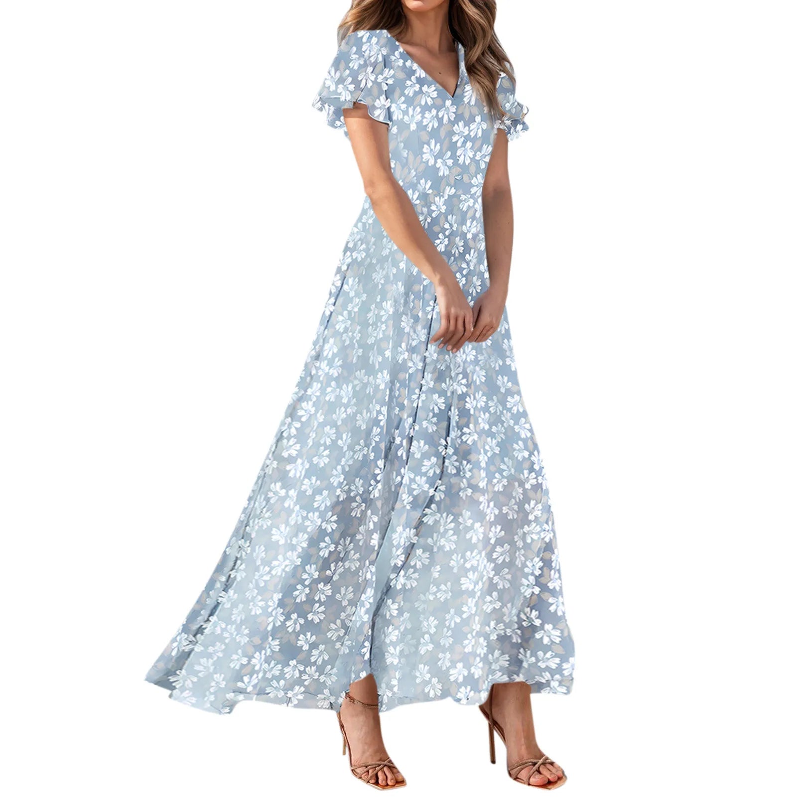 Women V-neck Ruffle Short Sleeve Maxi Dress Waist Tight High-waist Hem Sweet Floral Print Elegant Dress Female Clothing Vestidos