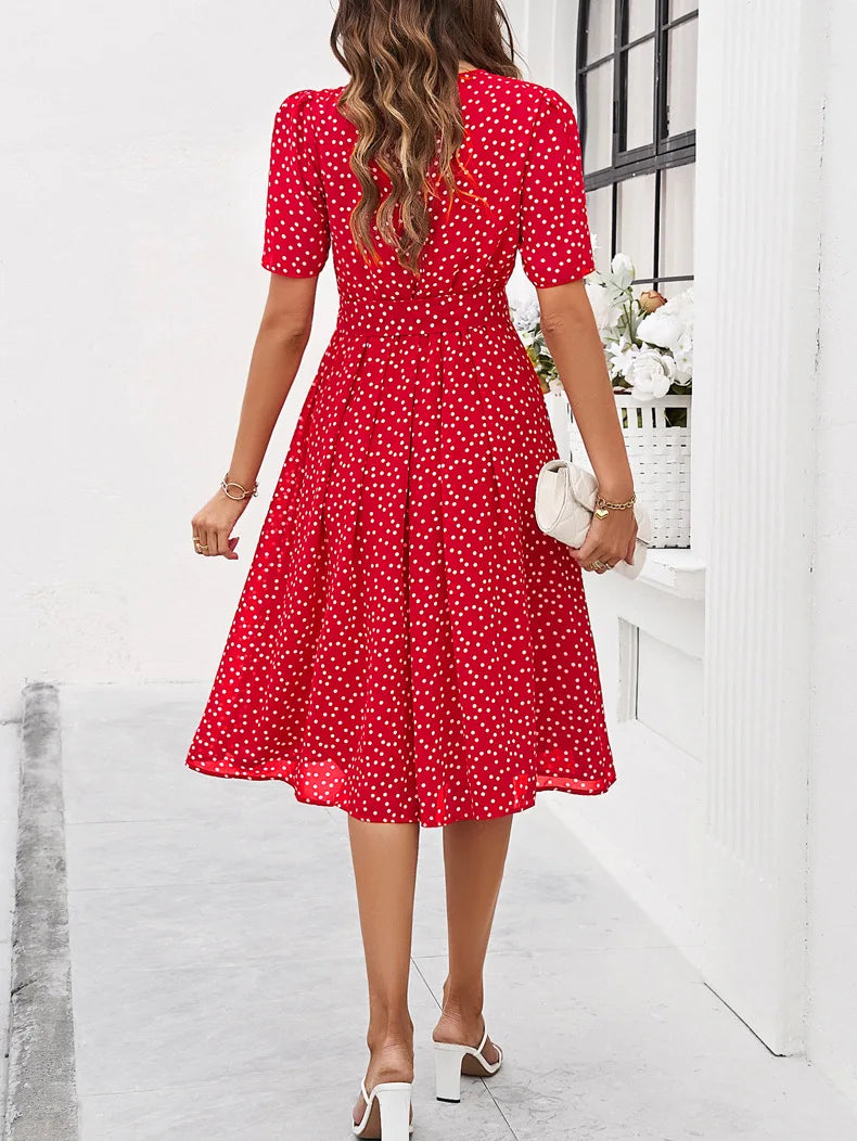 Casual Loose Printed Dot Short Dresses For Women 2025 Fashion Summer Women's A-Line Midi Dress Elegant Vintage Female Dresses