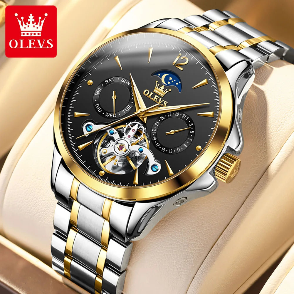 OLEVS 6663 Mens Watch Original Mechanical Watch Tourbillon Waterproof Luminous Leather Strap Moon Phase Day-Date Watch With Box