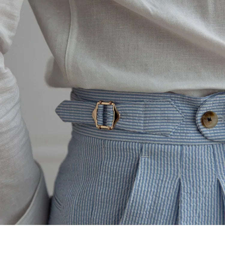 High-end Striped Men's Suit Pants Spring Summer Thin Italian Straight Casual Trousers Blue Paris Buckle Business Trousers