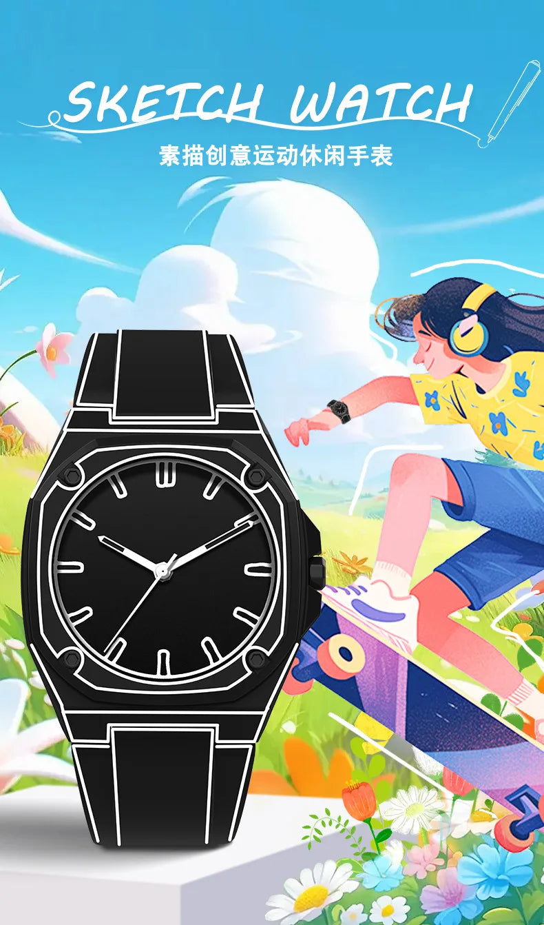 Creative Black and White Sketching Fashion Brand Men's Quartz Watch Casual Plastic Strap Waterproof Calendar Women's Watch