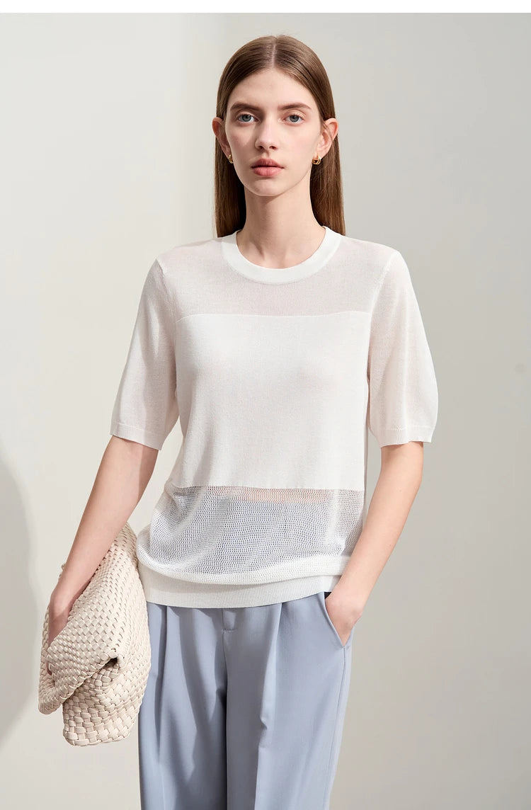 Amii Minimalism 2024 Knit Sweater Women Summer New Solid O-Neck Loose Short-sleeved Wool Casual Patchwork Chic Tops 12422028