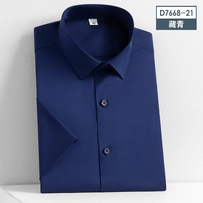 2023 Summer Short Sleeve High Density Silky Material Solid  Elastic Business Men Dress Shirts No Pocket Stretch Clothes