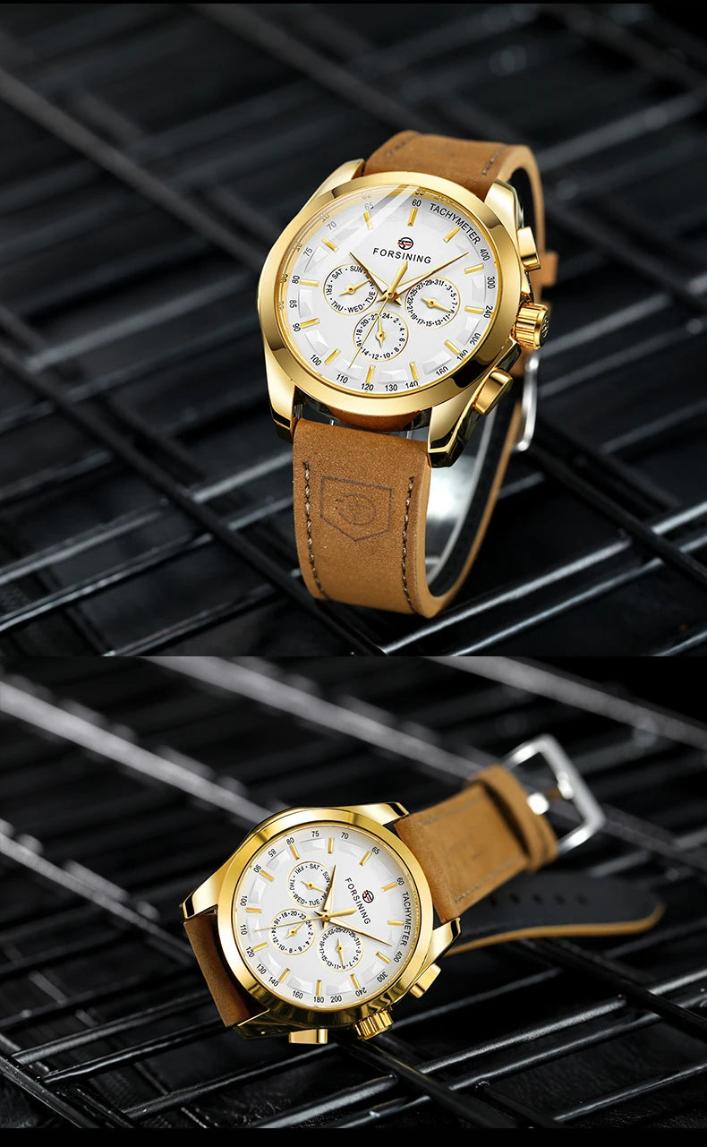 FORSINING Men Watches Automatic Mechanical Watch Luxury Gold Clock Genuine Leather Waterproof Watch Men Military Wristwatch Man