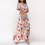 Women V-neck Ruffle Short Sleeve Maxi Dress Waist Tight High-waist Hem Sweet Floral Print Elegant Dress Female Clothing Vestidos