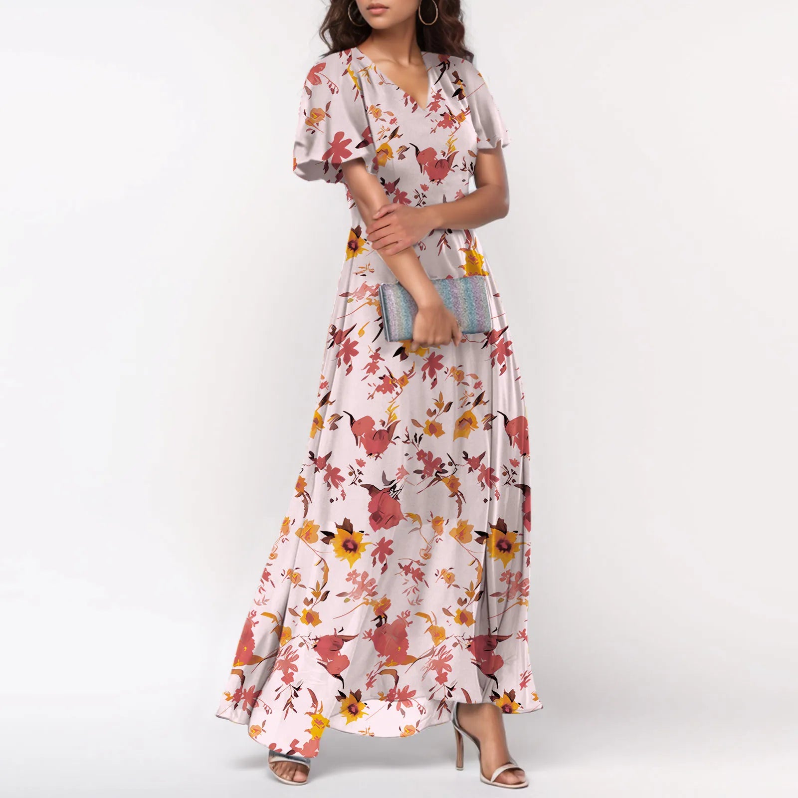 Women V-neck Ruffle Short Sleeve Maxi Dress Waist Tight High-waist Hem Sweet Floral Print Elegant Dress Female Clothing Vestidos