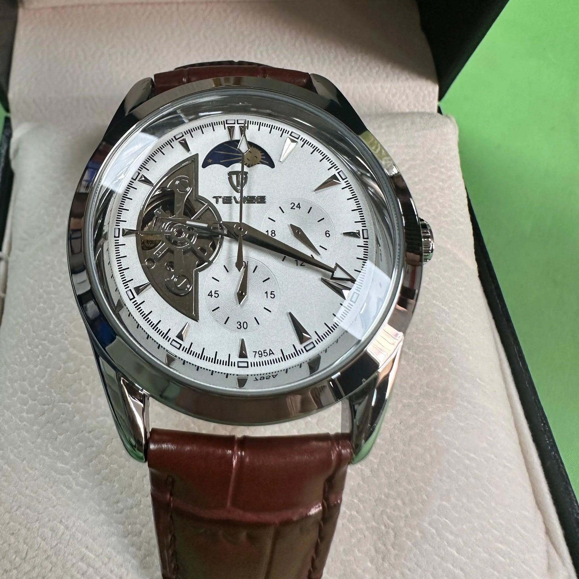 TEVISE Fashion Automatic Mechanical Watch for Men Leather Strap Skeleton Watch Luminous Casual Business Watch Gift