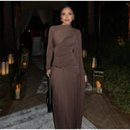 Fashion Brown Pleated Long Sleeve Dress Women Elegant O-neck Bodycon Prom Robes 2025 New Summer Lady Street Party Dresses