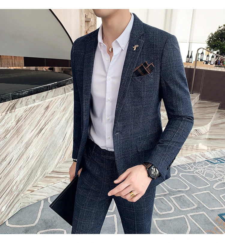 Men Luxury Slim Fit Check Suits Men Boutique Business Casual Formal Suits Sets Blazers+Pants Wedding Social Tuxedo Dress Homme