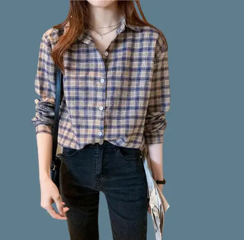 Vintage All-match Plaid Shirt for Female 2022 Spring Women's Clothing Korean Simple Turn-down Collarlong Sleeve Casual Blouses