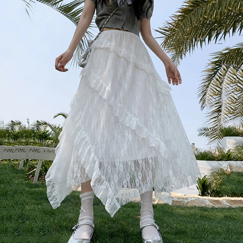 White Lace Irregular Maxi Skirts Women Vintage Ruffles Spliced A-Line Skirts Woman Summer Design Sheer High Waist Cake Skirt