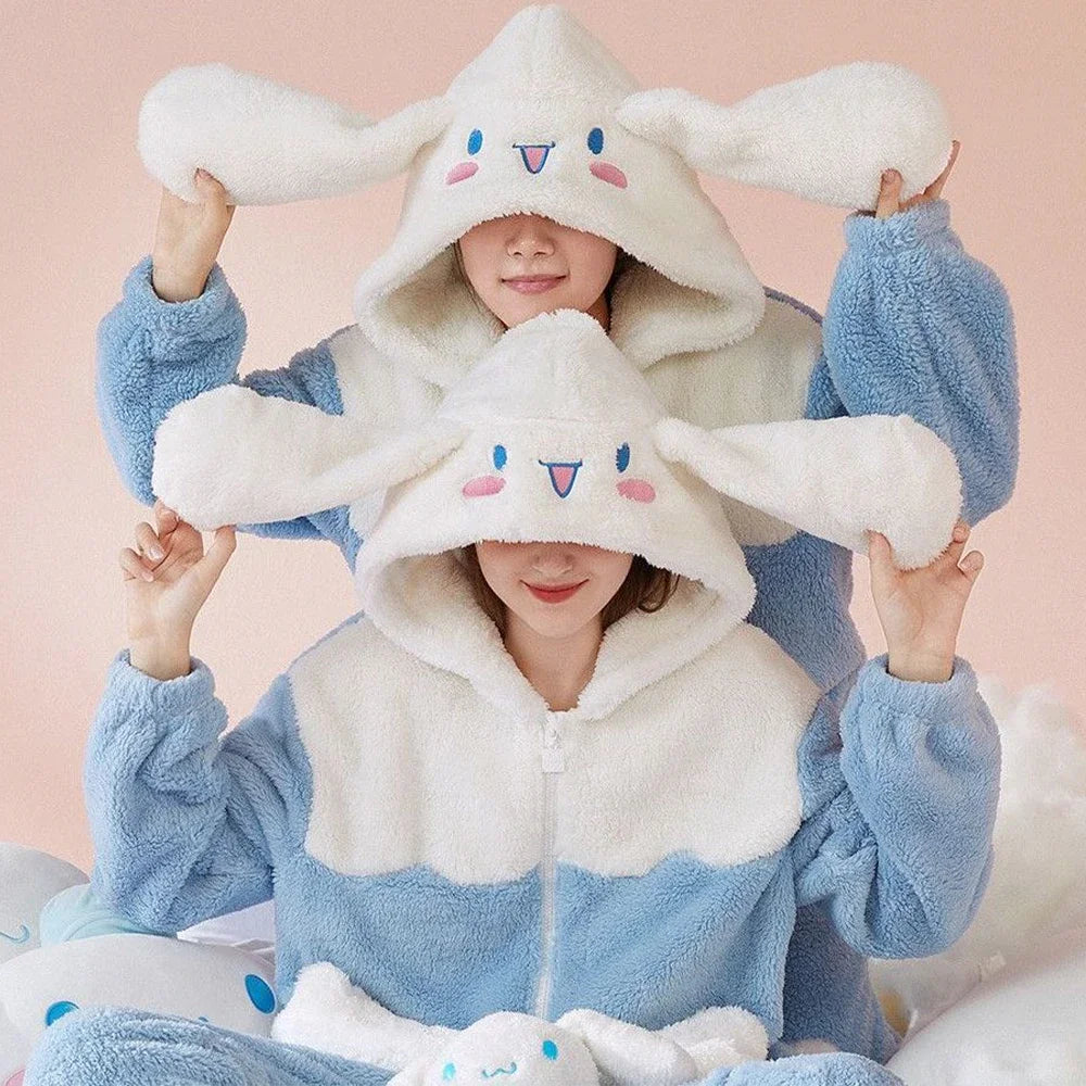 Cinnamoroll Women's Plush Pajamas Suit Sanrioed Kawaii Autumn Winter Hooded Home Clothes Cute Girl Thickened Cute Cartoon Sweet