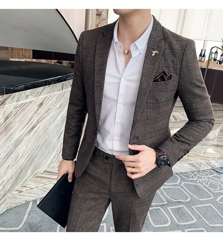 Men Luxury Slim Fit Check Suits Men Boutique Business Casual Formal Suits Sets Blazers+Pants Wedding Social Tuxedo Dress Homme