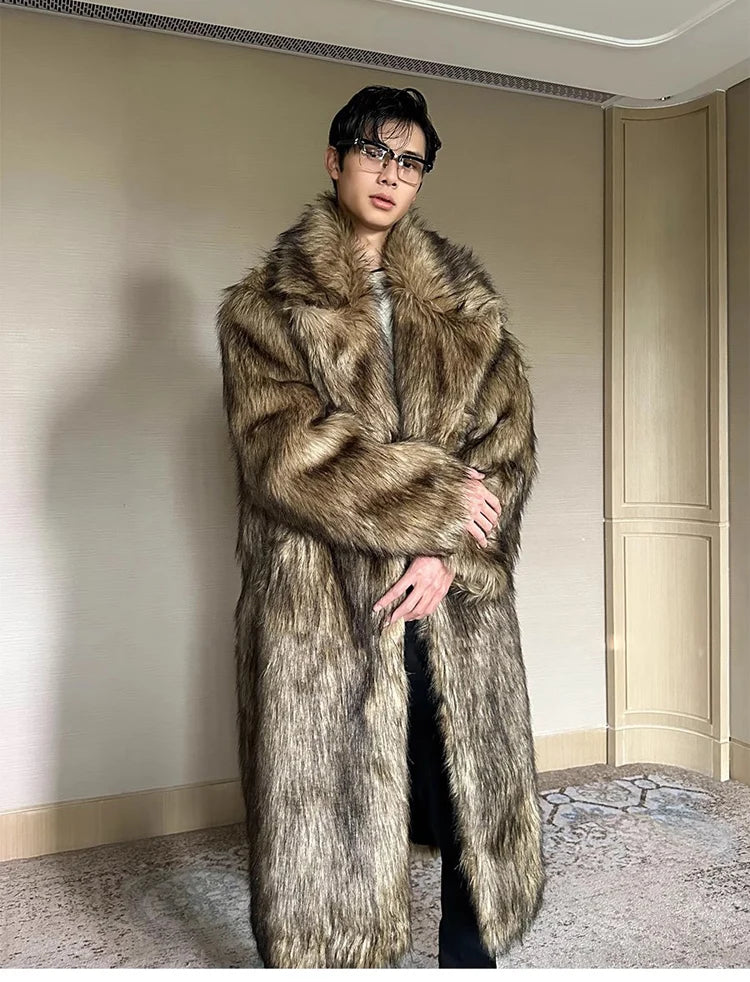 Men's fur coat, Wolf fur, fox fur, lapel long overcoat, winter windproof and warm windbreaker, large size