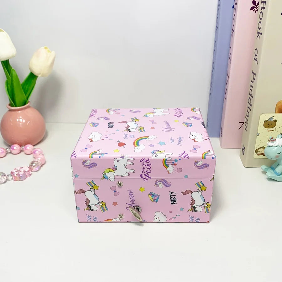 1pc Music Box with Drawer Mirror Rotating Pink Pony Jewelry Storage Box for Ring Necklaces Bracelets Birthday Gift