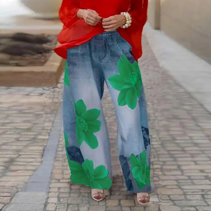 Krisstargirl Women Flower Printed Loose Trousers 2025 Spring Summer Trendy High Waist Not Denim Long Pants Bottoms for Woman