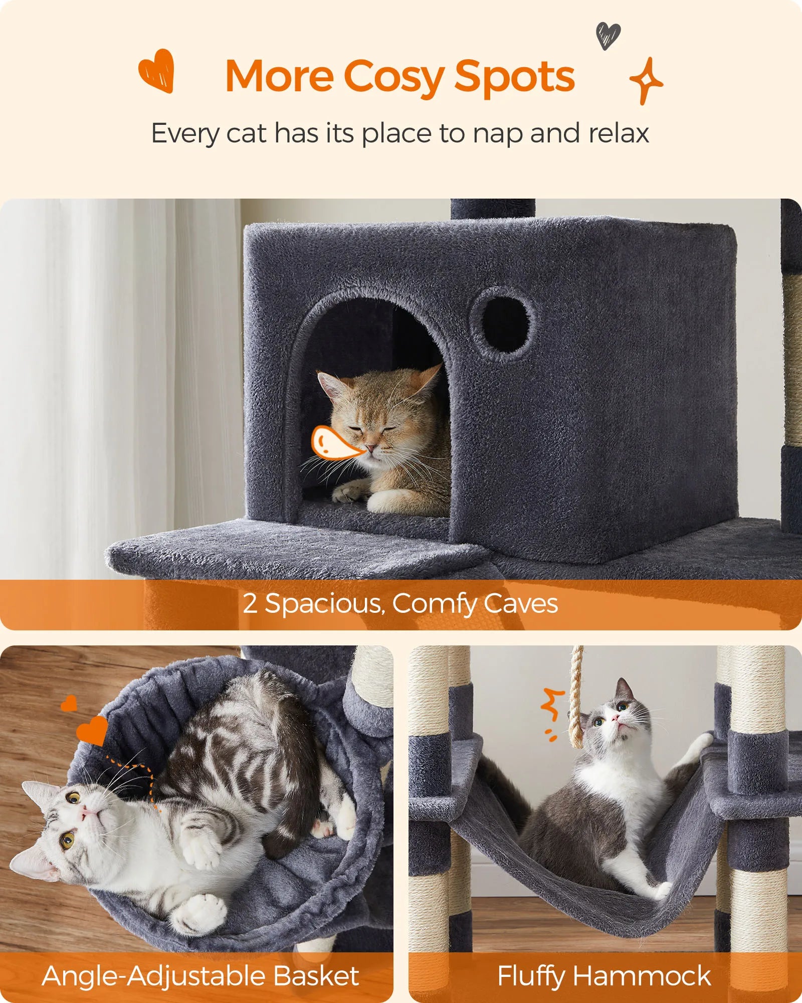 Feandrea Cat Tree, Height 206 cm, with 13 Scratching Posts, 2 Platform, 2 Kennels, Basket, Hammock, Pompom