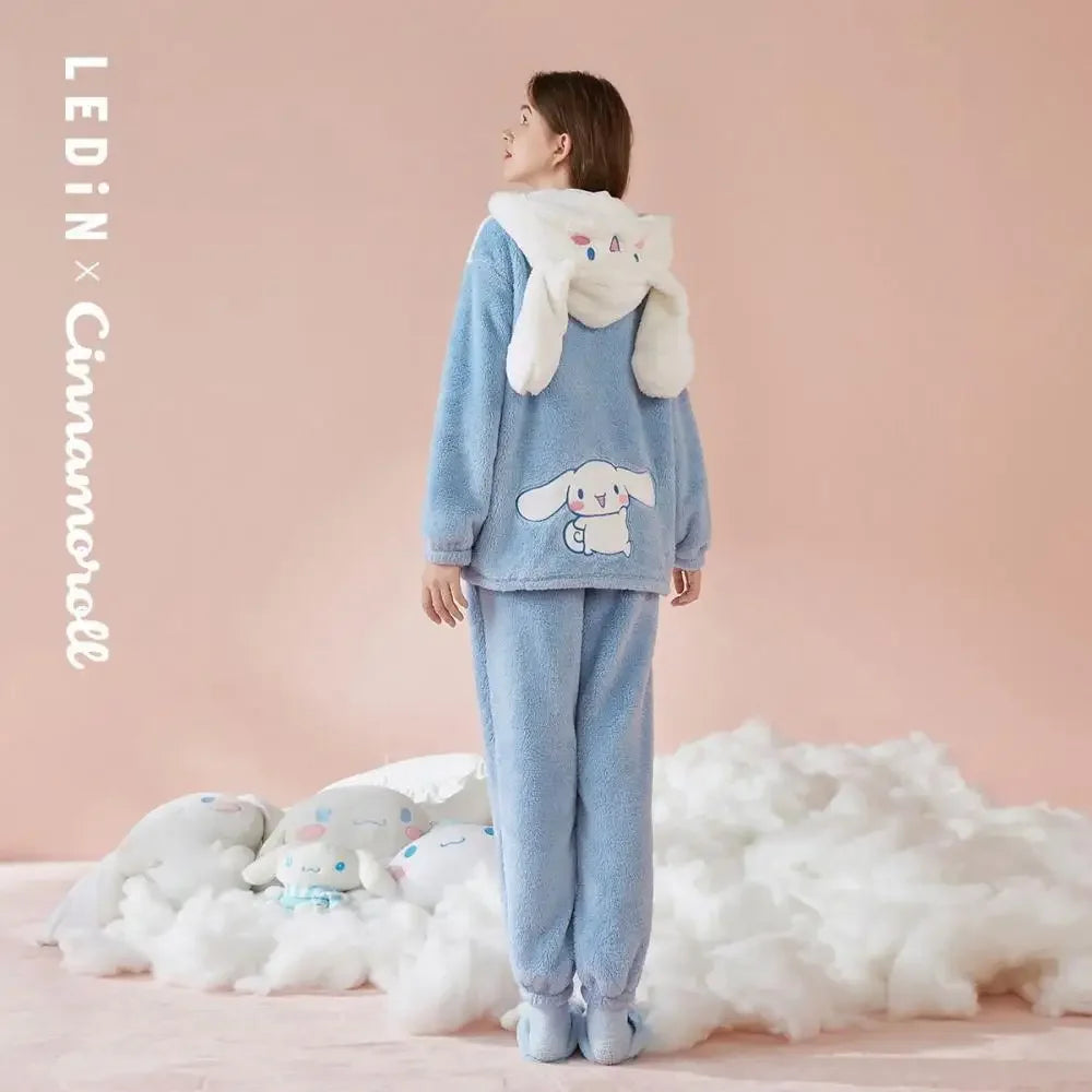 Cinnamoroll Women's Plush Pajamas Suit Sanrioed Kawaii Autumn Winter Hooded Home Clothes Cute Girl Thickened Cute Cartoon Sweet
