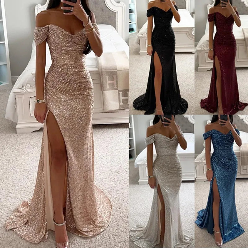 Sexy Fashion Long Sleeve Off Shoulder High Waist Corset Folds Evening Graduation Dress Robe Prom Elegant Women Long Party Dress