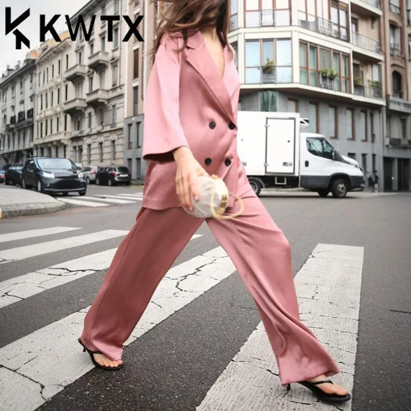 KWTX 2025 Spring Women’s Two Piece Set Solid Pleated V Neck Blazer & Wide Leg Pants Elegant Luxury High Quality Office Set