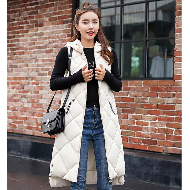 Women's Sleeveless Vest Long Down Padded Jacket Solid Color Hooded Loose Ladies Fashion Casual Warm Winter Jacket Vest Women