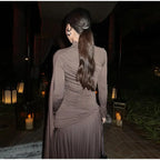 Fashion Brown Pleated Long Sleeve Dress Women Elegant O-neck Bodycon Prom Robes 2025 New Summer Lady Street Party Dresses