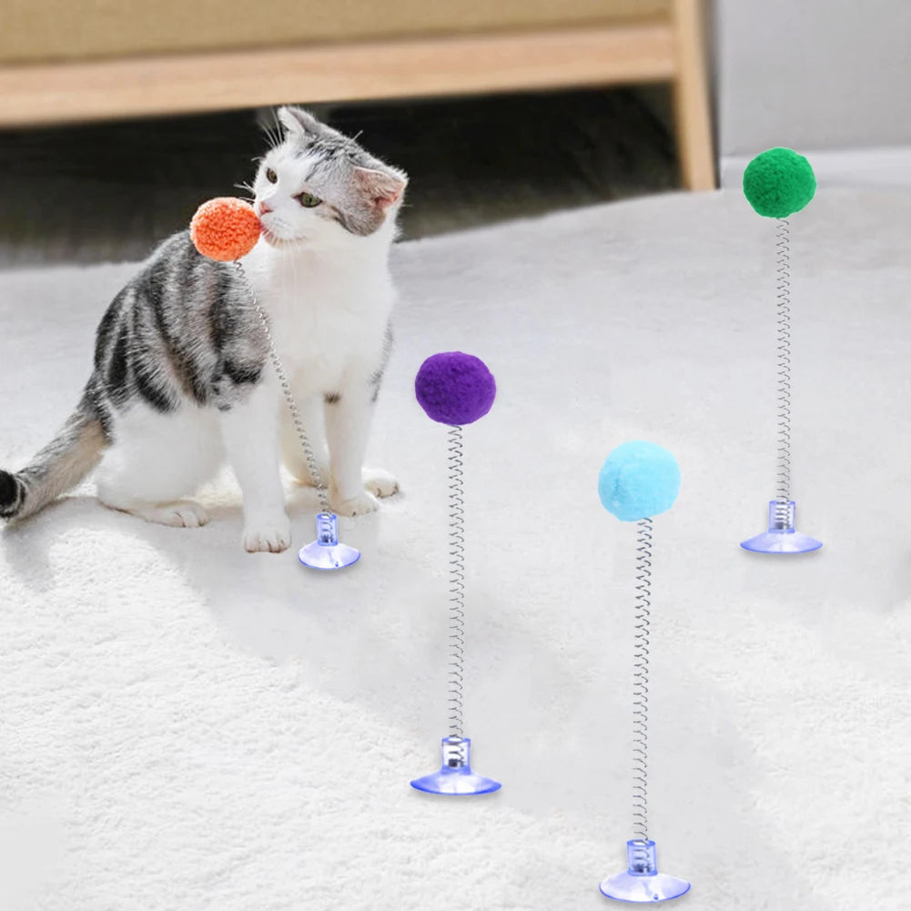 1pc Random Color Cat Feather Spring Ball Toy with Suction Cup Interactive Cat Teaser Wand Cat Toy Cat Scratcher Toy Cat Supplies