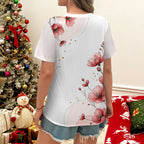 Minimalist style pink flowers paired with branch and leaf prints for daily casual and versatile women's short sleeved T-shirt