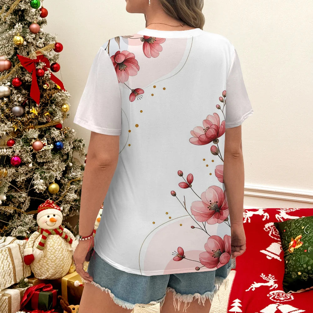 Minimalist style pink flowers paired with branch and leaf prints for daily casual and versatile women's short sleeved T-shirt