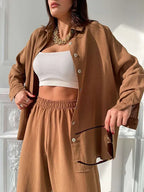 Casual Solid Women Set Tracksuit Women Long Sleeve Single-breasted Shirt and Harem Pants Two Piece Sets Female Fashion Outfits