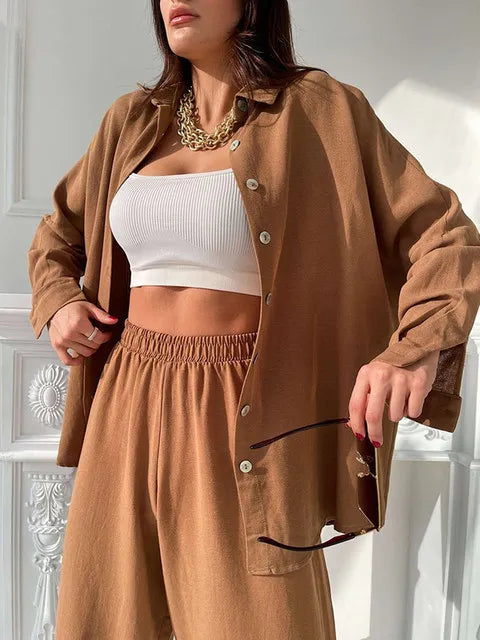 Casual Solid Women Set Tracksuit Women Long Sleeve Single-breasted Shirt and Harem Pants Two Piece Sets Female Fashion Outfits