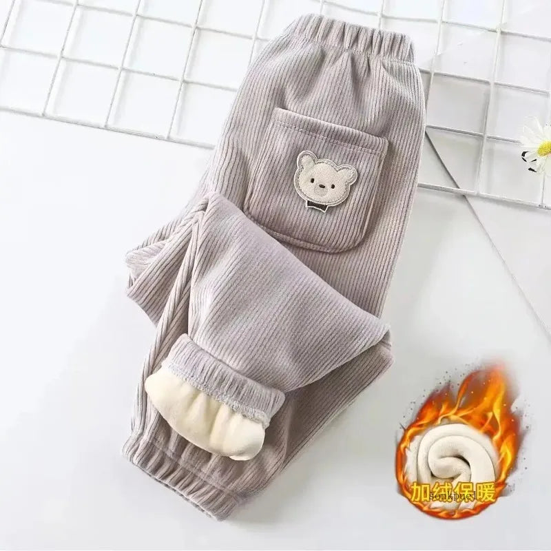 Autumn/winter Children's Fleece-lined Corduroy Pants Stylish Embroidery Casual Warm Trousers For Boys Girls